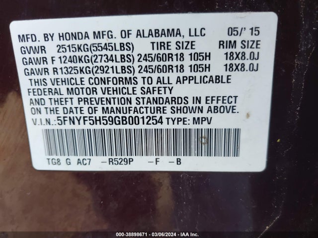 Honda Pilot Ex-l 2016 5FNYF5H59GB001254 Image 9