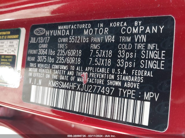 Hyundai Santa Fe Se 2018 KM8SM4HFXJU277497 Image 9