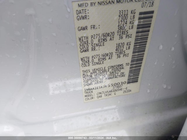 Nissan Titan Sl 2018 1N6AA1E5XJN550030 Image 9