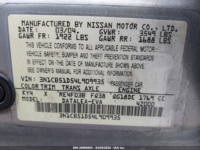 2004 NISSAN SENTRA 1.8S VIN: 3N1CB51D54L909935