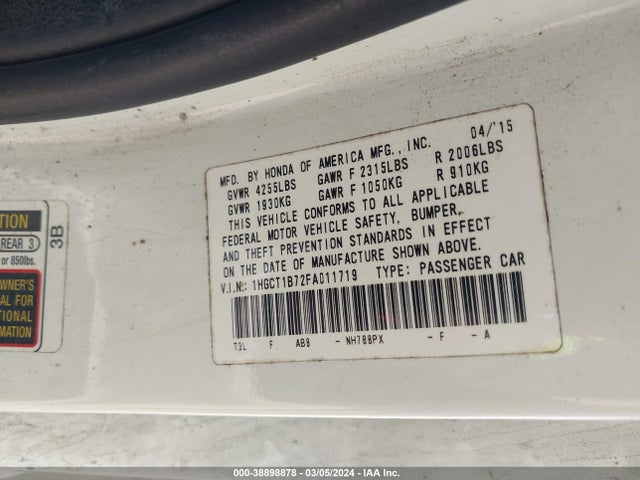 Honda ACCORD EX 2015 1HGCT1B72FA011719 Image 9