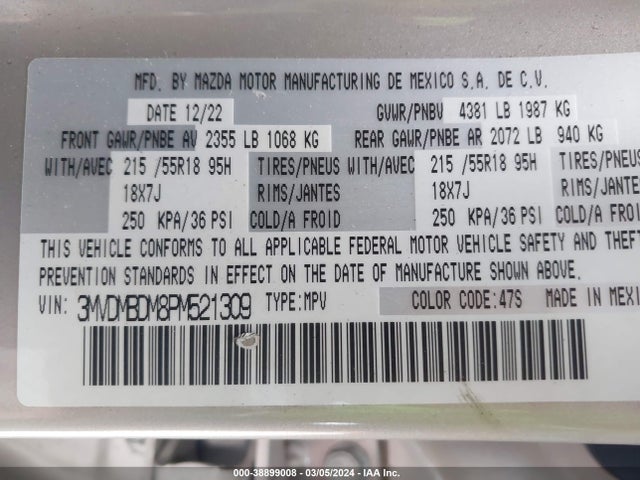 2023 MAZDA CX-30 2.5 S PREMIUM VIN: 3MVDMBDM8PM521309