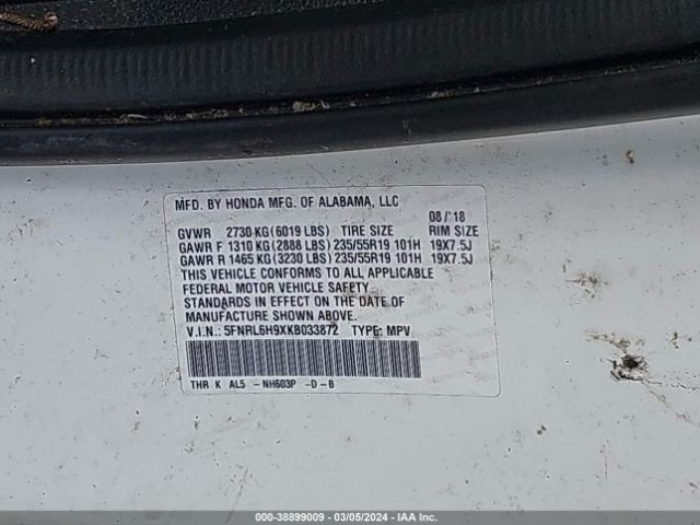 5FNRL6H9XKB033872 Honda Odyssey Elite