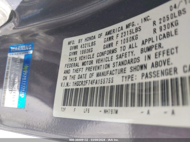 Honda ACCORD EX 2015 1HGCR2F74FA155755 Image 9