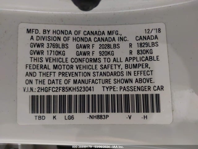 Honda Civic Sport 2019 2HGFC2F85KH523041 Image 9