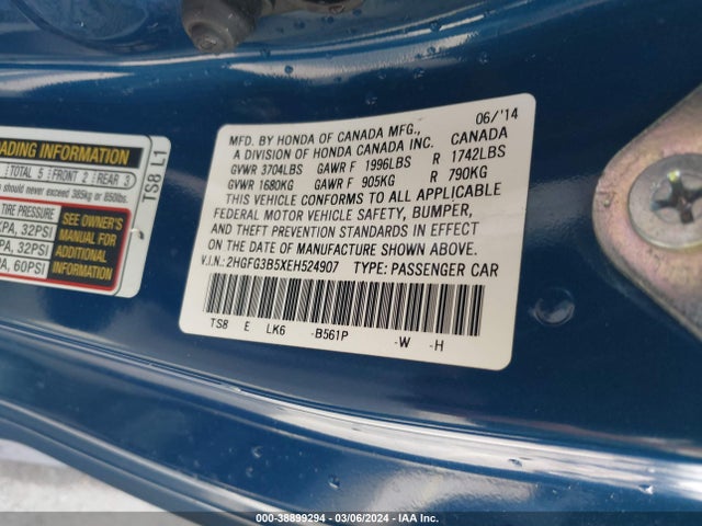 Honda Civic Lx 2014 2HGFG3B5XEH524907 Image 9