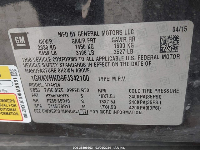 Chevrolet Traverse 2lt 2015 1GNKVHKD9FJ342100 Image 9