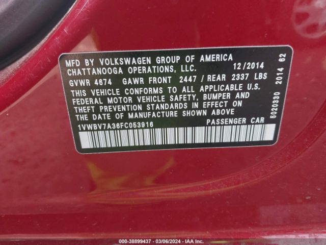 1VWBV7A36FC053916 Volkswagen Passat 2.0l Tdi Se