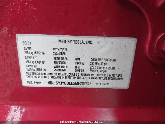 5YJYGDEE5MF202642 Tesla Model Y Long Range Dual Motor All-wheel Drive