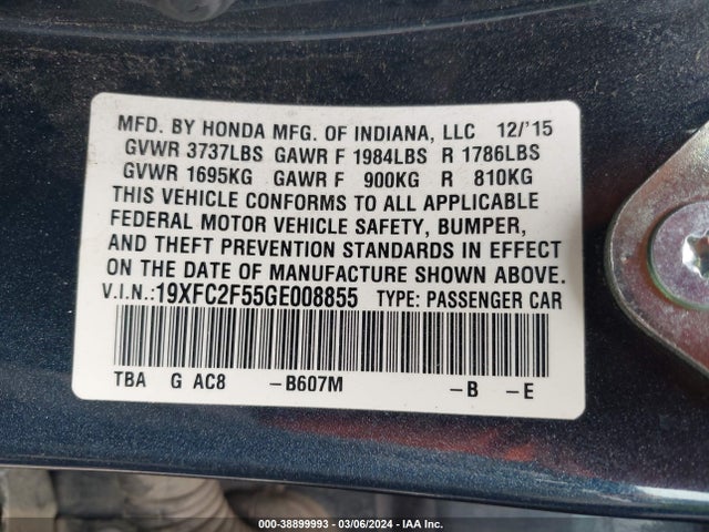 Honda Civic Lx 2016 19XFC2F55GE008855 Image 9