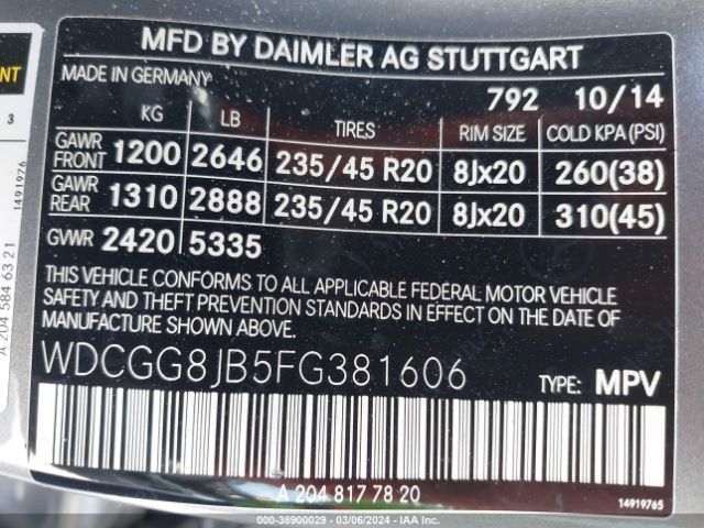 WDCGG8JB5FG381606 Mercedes-Benz Glk 350 4matic