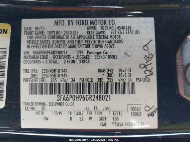 Ford FUSION SE 2016 3FA6P0H96GR248021 Image 9
