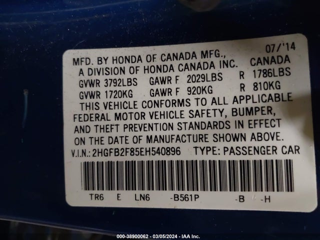 Honda CIVIC EX 2014 2HGFB2F85EH540896 Image 9
