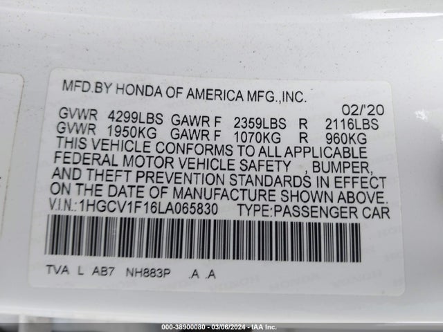 Honda ACCORD LX 2020 1HGCV1F16LA065830 Image 9