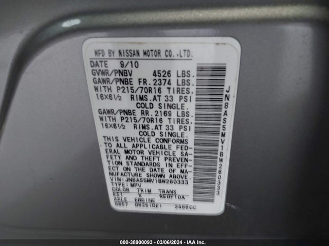 Aukcja sprzedaży 2011 Nissan Rogue S, vin: JN8AS5MV1BW260333, numer aukcji: 38900093