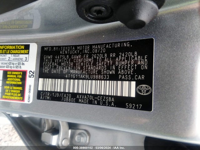 Toyota CAMRY SE 2020 4T1G11AK9LU988633 Image 9