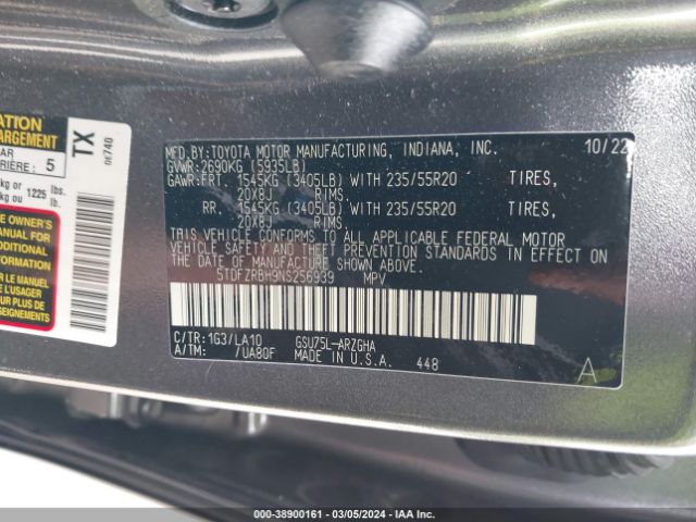5TDFZRBH9NS256939 Toyota Highlander Platinum