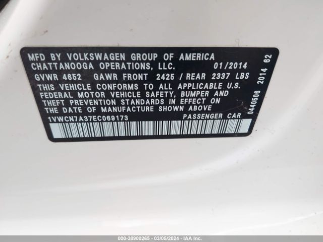 1VWCN7A37EC069173 Volkswagen Passat 2.0l Tdi Sel Premium