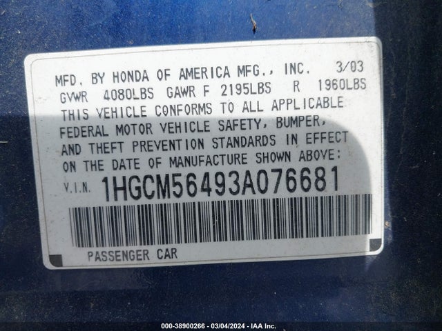 2003 HONDA ACCORD 2.4 LX VIN: 1HGCM56493A076681