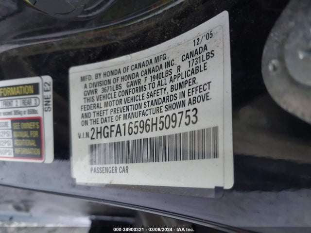 2006 HONDA CIVIC LX VIN: 2HGFA16596H509753