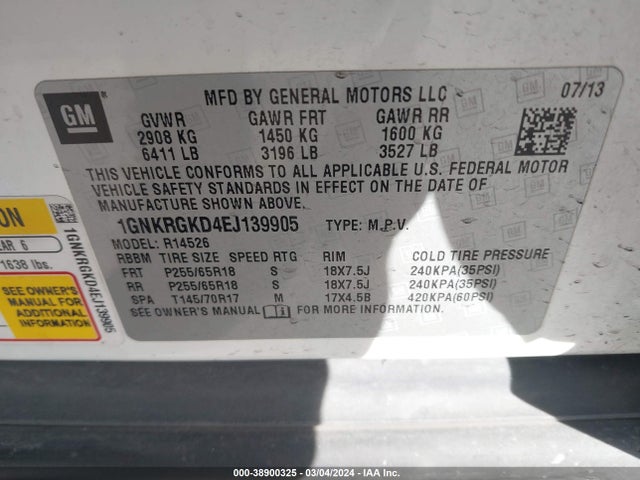 Chevrolet Traverse 1lt 2014 1GNKRGKD4EJ139905 Image 9