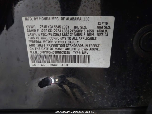 Honda Pilot Ex-l 2017 5FNYF5H58HB005328 Image 9