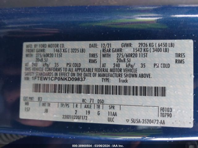 1FTEW1CP0NKD09837 Ford F-150 Xl