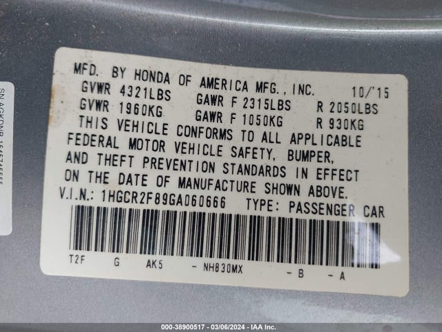 Honda Accord Ex-l 2016 1HGCR2F89GA060666 Image 9