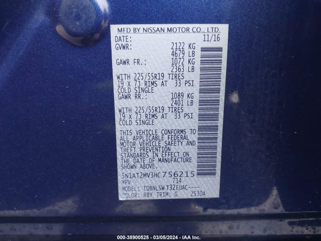 Nissan Rogue Sl 2017 5N1AT2MV3HC756215 Image 9