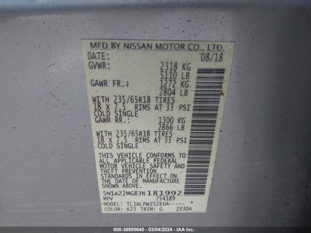 Nissan MURANO S 2018 5N1AZ2MG8JN181992 Image 9