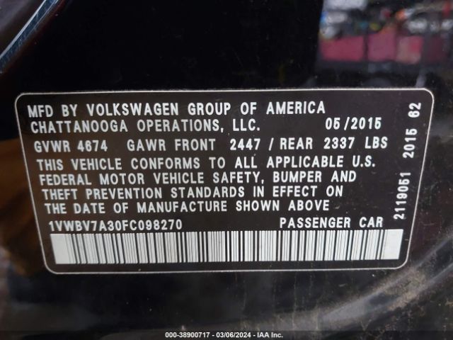 1VWBV7A30FC098270 Volkswagen Passat 2.0l Tdi Se