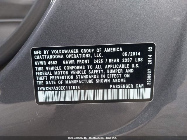 1VWCN7A30EC111814 Volkswagen Passat 2.0l Tdi Sel Premium
