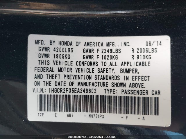 Honda ACCORD LX 2014 1HGCR2F35EA249803 Image 9