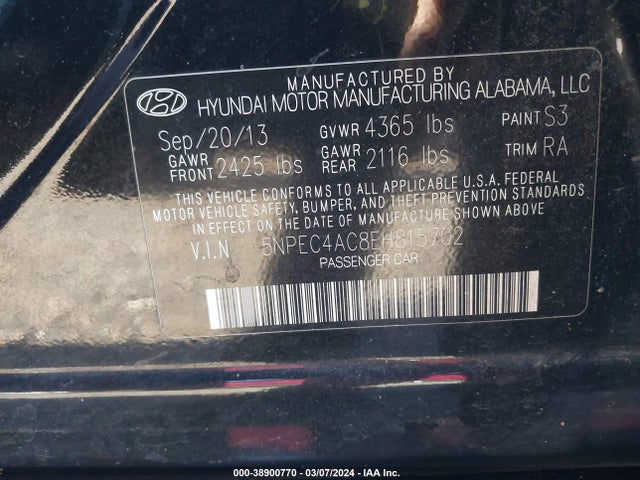 Hyundai Sonata Limited 2014 5NPEC4AC8EH815702 Image 9