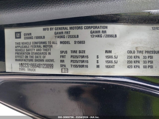 2004 CHEVROLET COLORADO LS VIN: 1GCCS196648123099
