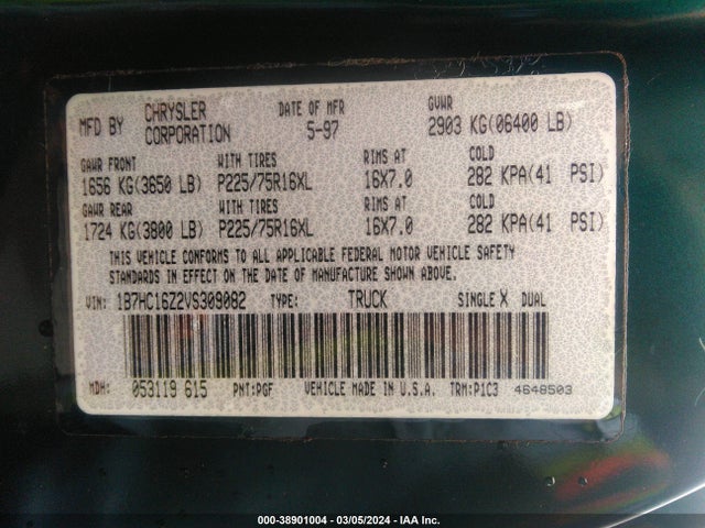 Aukcja sprzedaży 1997 Dodge Ram 1500 Lt, vin: 1B7HC16Z2VS309082, numer aukcji: 38901004