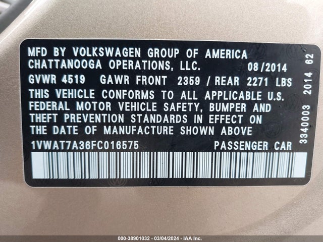 Aukcja sprzedaży 2015 Volkswagen Passat 1.8t Wolfsburg Edition, vin: 1VWAT7A36FC016575, numer aukcji: 38901032