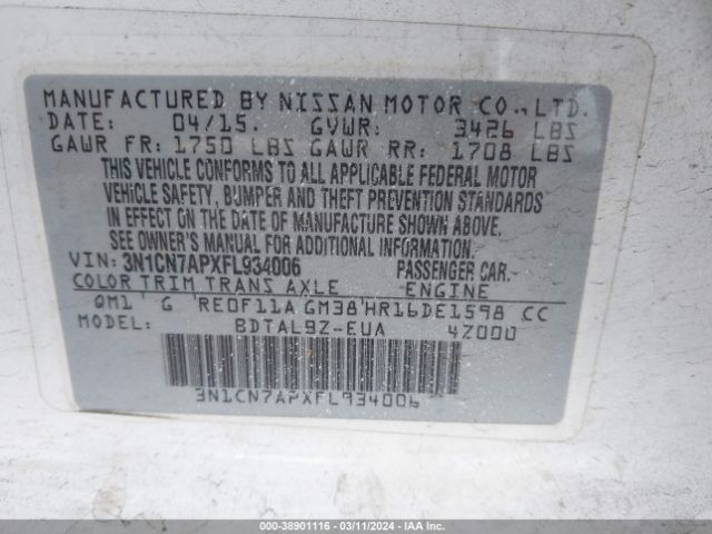 3N1CN7APXFL934006 Nissan Versa 1.6 Sv