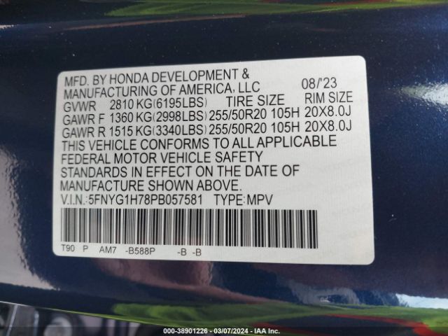 5FNYG1H78PB057581 Honda Pilot Awd Touring