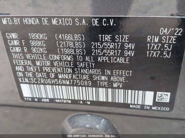 3CZRU6H56NM775089 Honda Hr-v Awd Ex