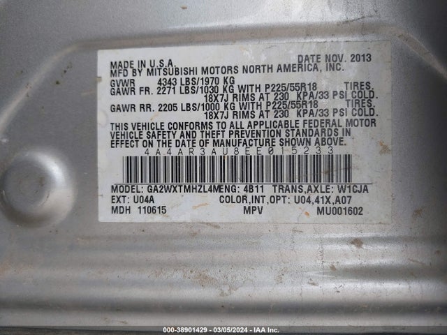 4A4AR3AU8EE015233 Mitsubishi Outlander Sport Es