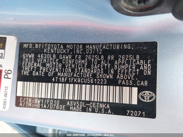 2012 TOYOTA CAMRY LE VIN: 4T1BF1FK8CU561223