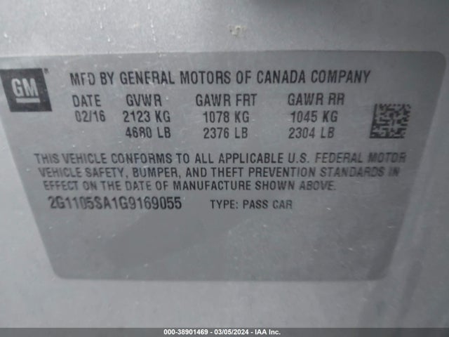 Chevrolet IMPALA 1LT 2016 2G1105SA1G9169055 Image 9