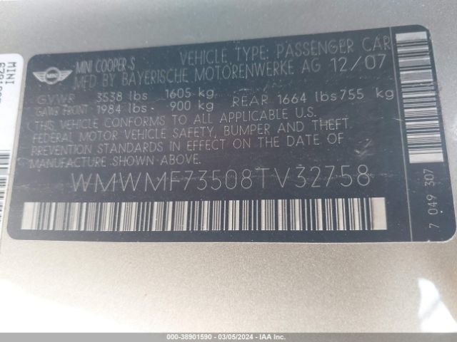 2008 MINI COOPER S WMWMF73508TV32758 Photo 8