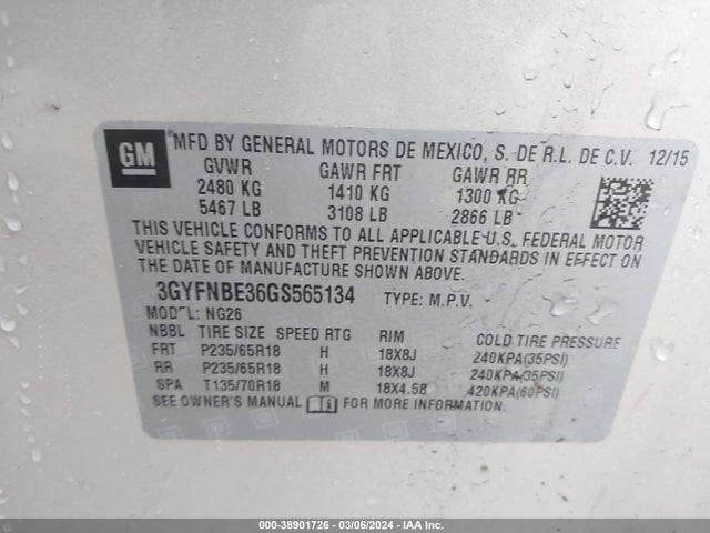 3GYFNBE36GS565134 Cadillac Srx Luxury Collection