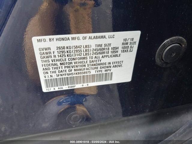 Honda Pilot Ex-l 2019 5FNYF6H51KB038975 Image 9
