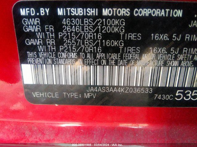 JA4AS3AA4KZ036533 Mitsubishi Eclipse Cross Es