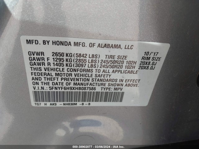 Honda Pilot Touring 2017 5FNYF6H9XHB087586 Image 9