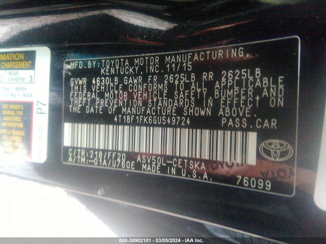 Toyota CAMRY SE 2016 4T1BF1FK6GU549724 Image 9