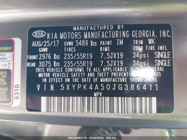 5XYPK4A50JG386411 KIA Sorento 3.3l Sxl